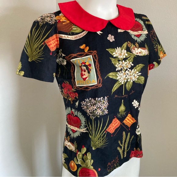 Hemet Store Frida Kahlo Cactus Collared Retro Pinup Top Blouse Sz S - Picture 7 of 11